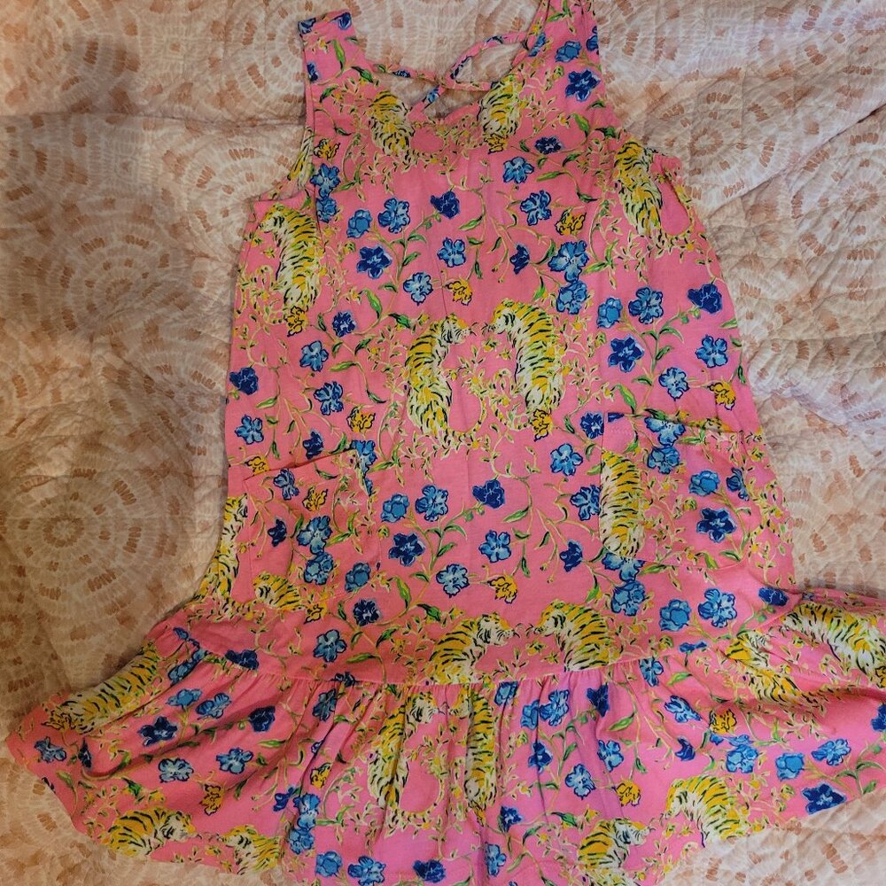 LIKE NEW Lilly Pulitzer Girls dress pink with gold tigers blue flowers Med 6-7